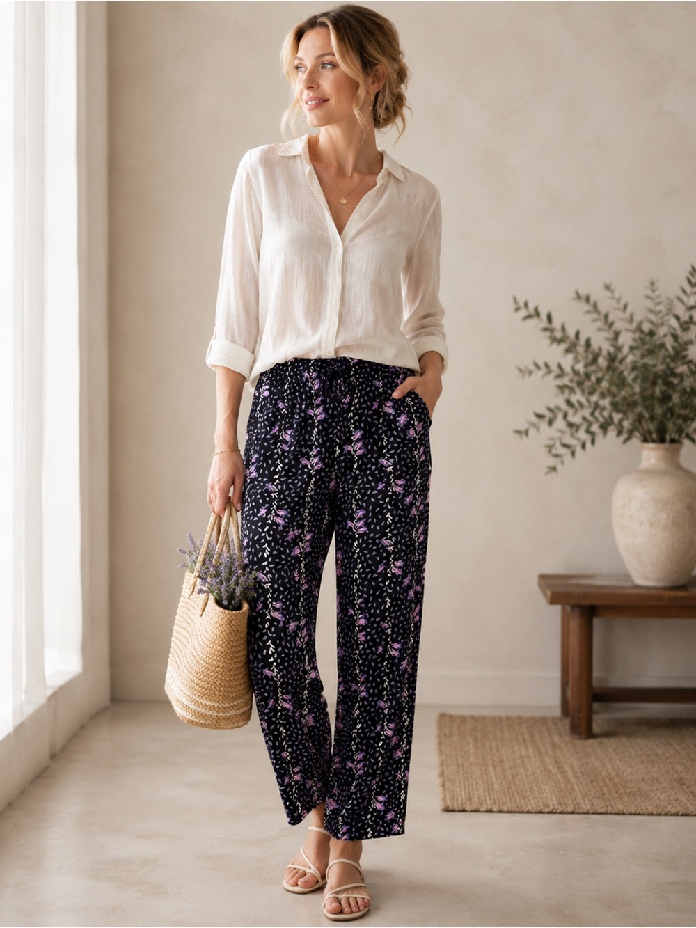 Anthropologie See U Soon Floral Print Soft High Rise Trousers Size 4 New